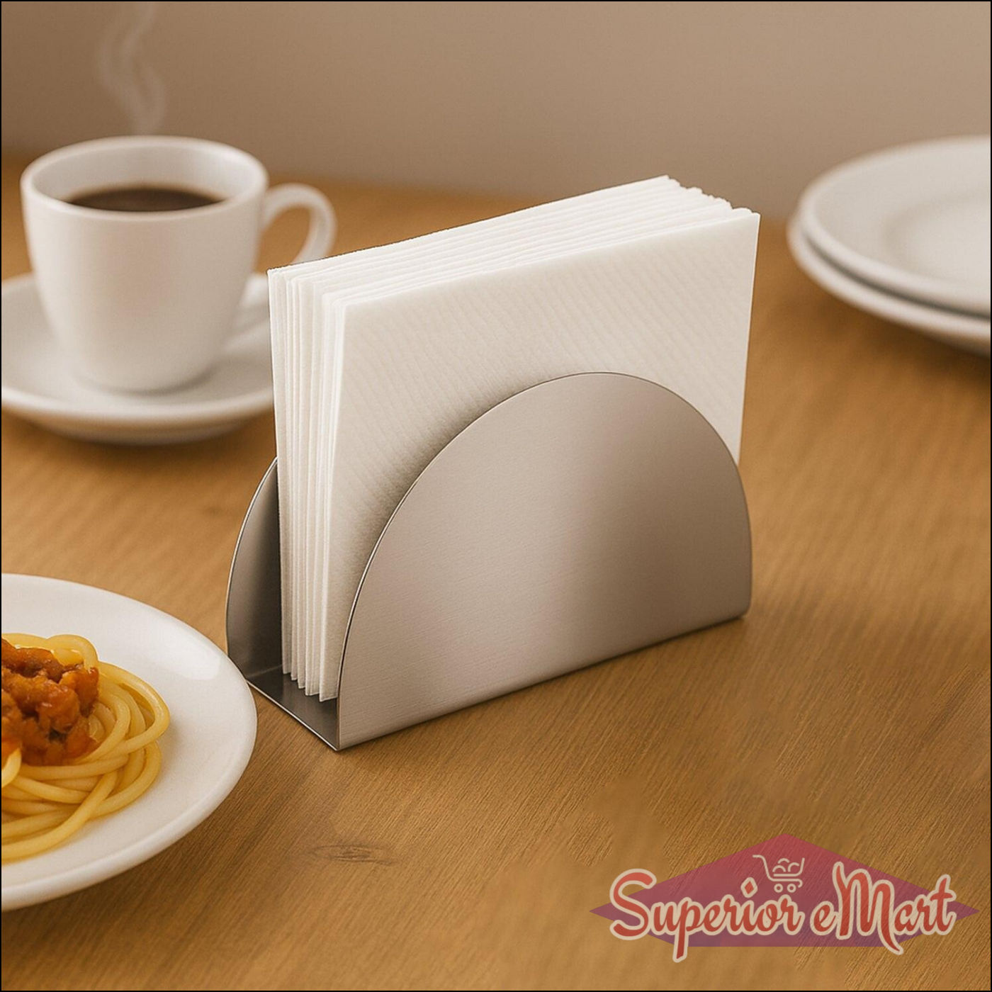 Stylish stainless steel napkin holder with a modern design on a wooden table beside a coffee cup