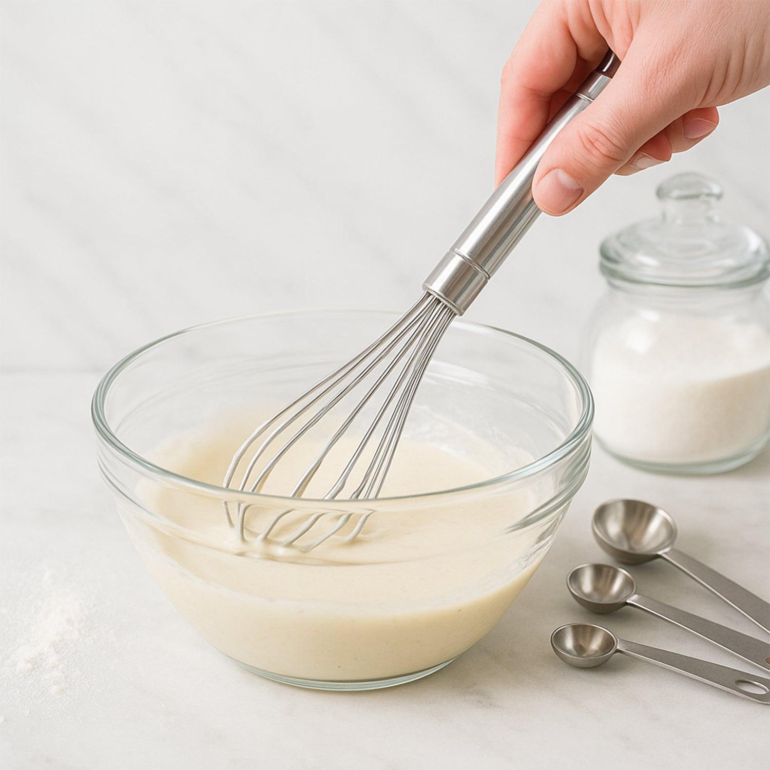 Superior eMart stainless steel hand whisk in use to mix batter in a clear mixing bowl