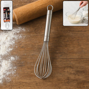 Durable stainless steel hand whisk with ergonomic grip for efficient mixing in the kitchen