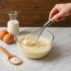 Stainless steel hand whisk in use, mixing batter in a glass bowl with ingredients on a marble countertop