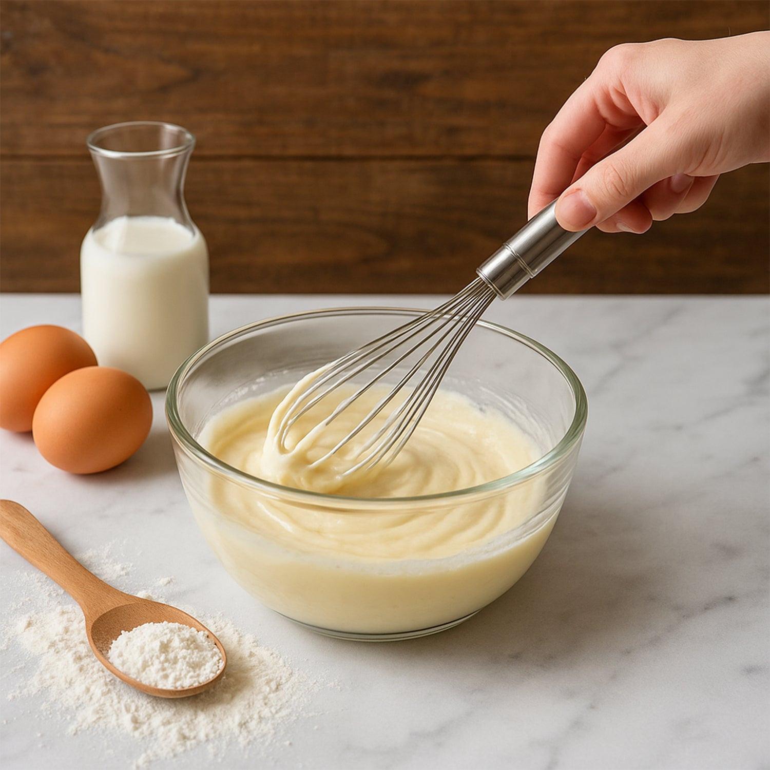 Stainless steel hand whisk in use, mixing batter in a glass bowl with ingredients on a marble countertop