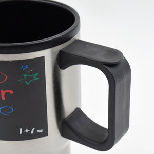 Superior eMart stainless steel insulated coffee mug with a comfortable black handle and colorful design