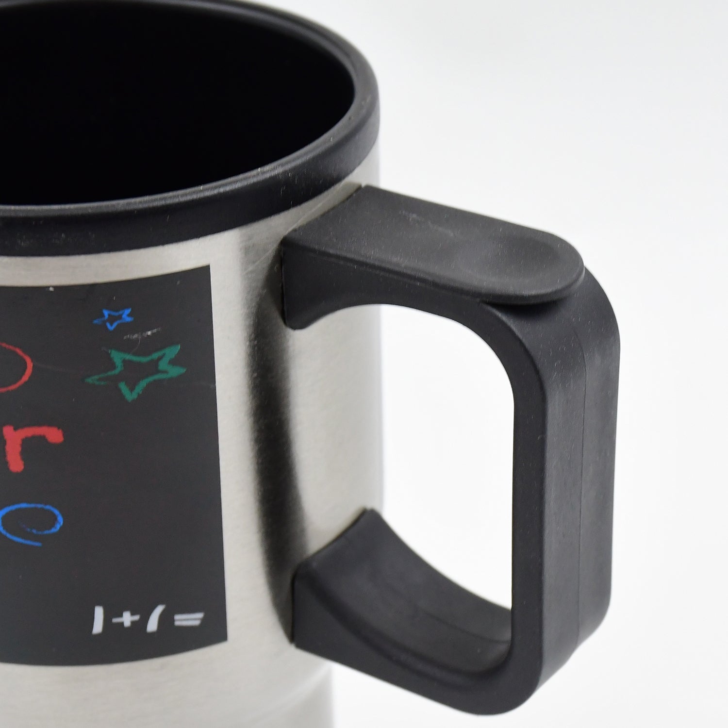 Superior eMart stainless steel insulated coffee mug with a comfortable black handle and colorful design
