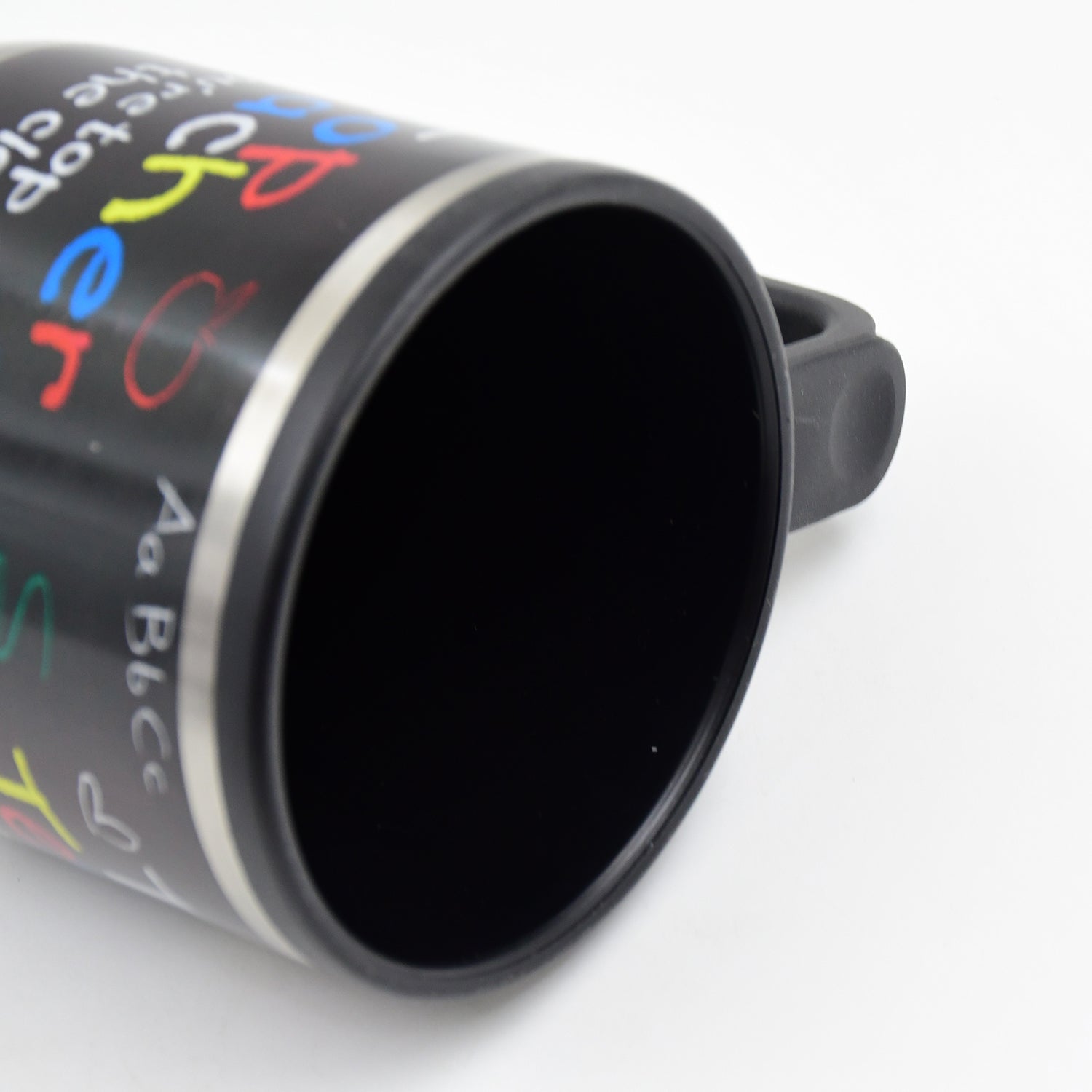 Colorful stainless steel insulated coffee mug with a handle and sleek interior design