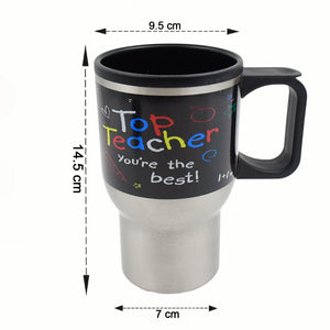 Superior eMart stainless steel insulated coffee mug with colorful 'Top Teacher' design and sturdy handle