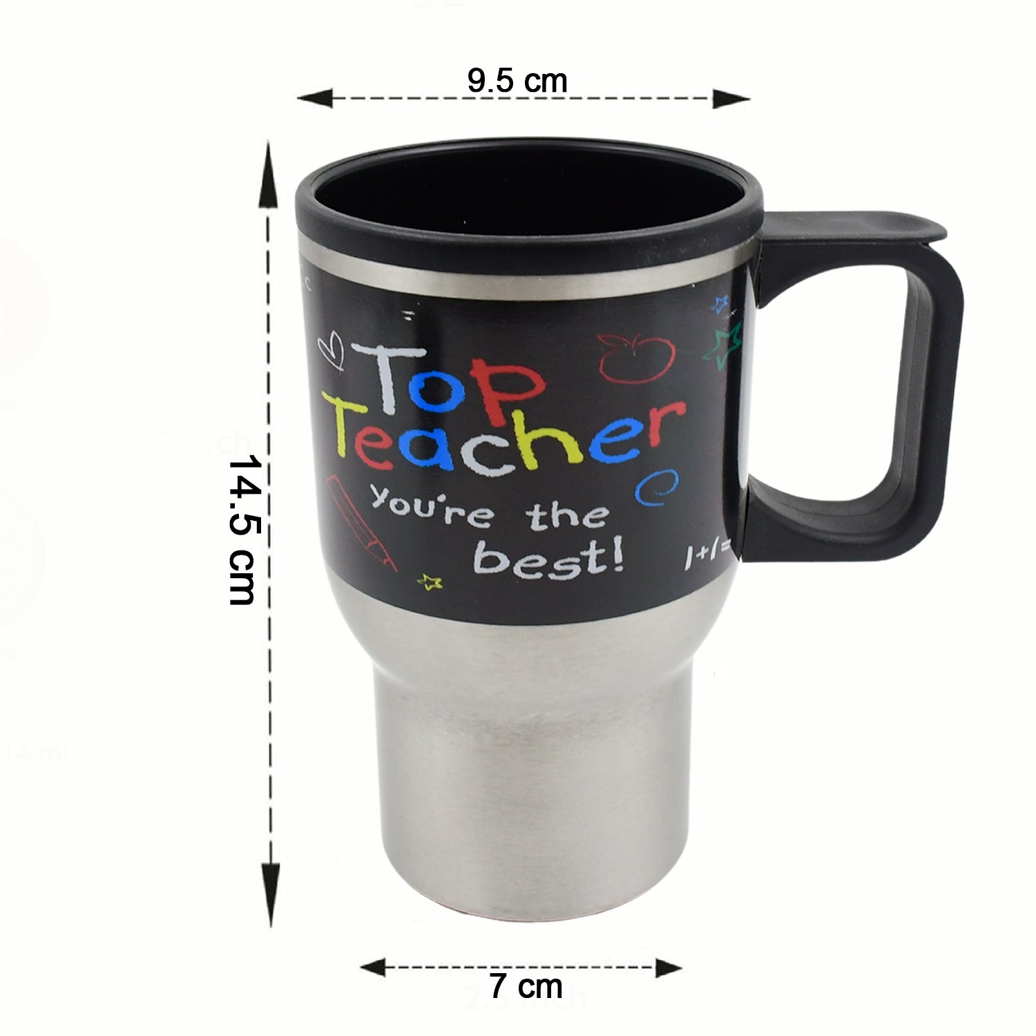 Superior eMart stainless steel insulated coffee mug with colorful 'Top Teacher' design and sturdy handle