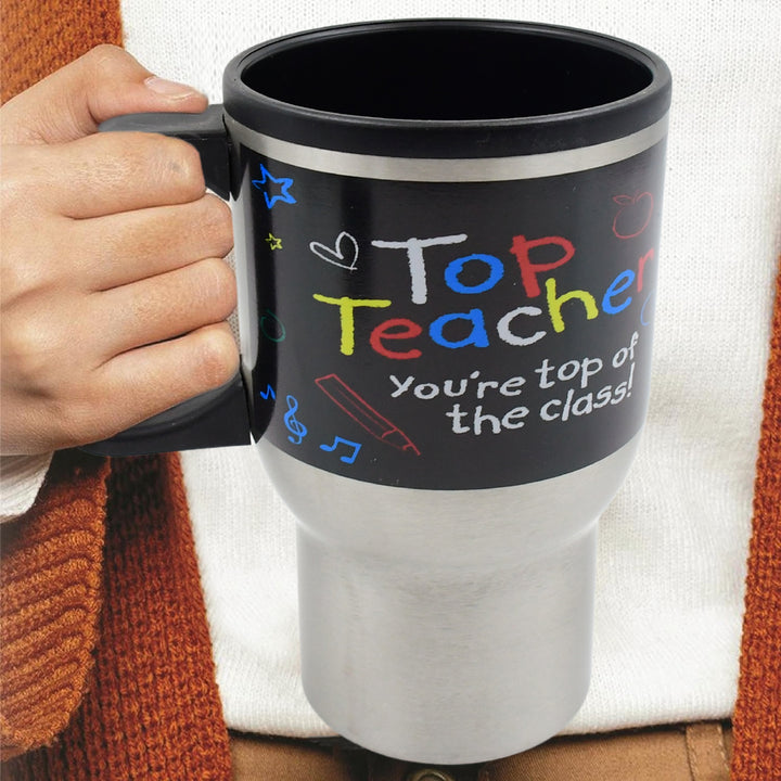 Stainless steel insulated coffee mug with colorful text for teachers, ideal for coffee on the go