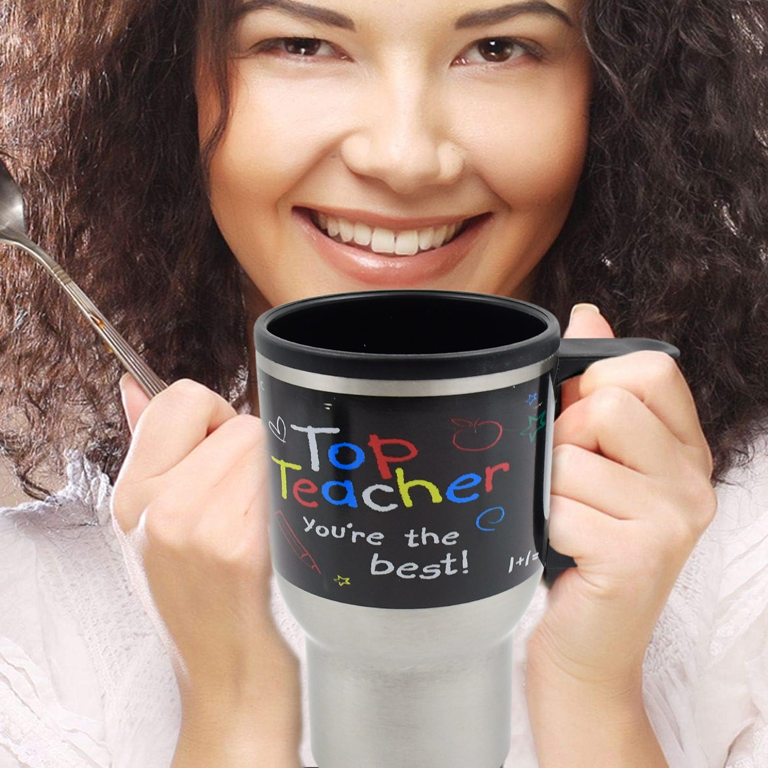 Superior eMart stainless steel insulated coffee mug with a Top Teacher design for everyday use