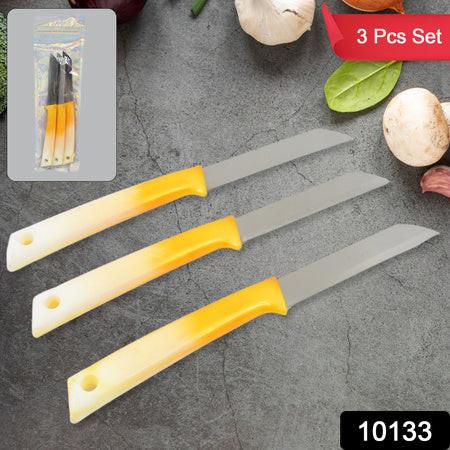 Three-piece stainless steel kitchen knife set with lightweight handles for easy slicing and chopping