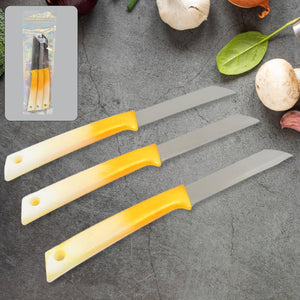 Set of three stainless steel kitchen knives with vibrant yellow handles for easy food preparation