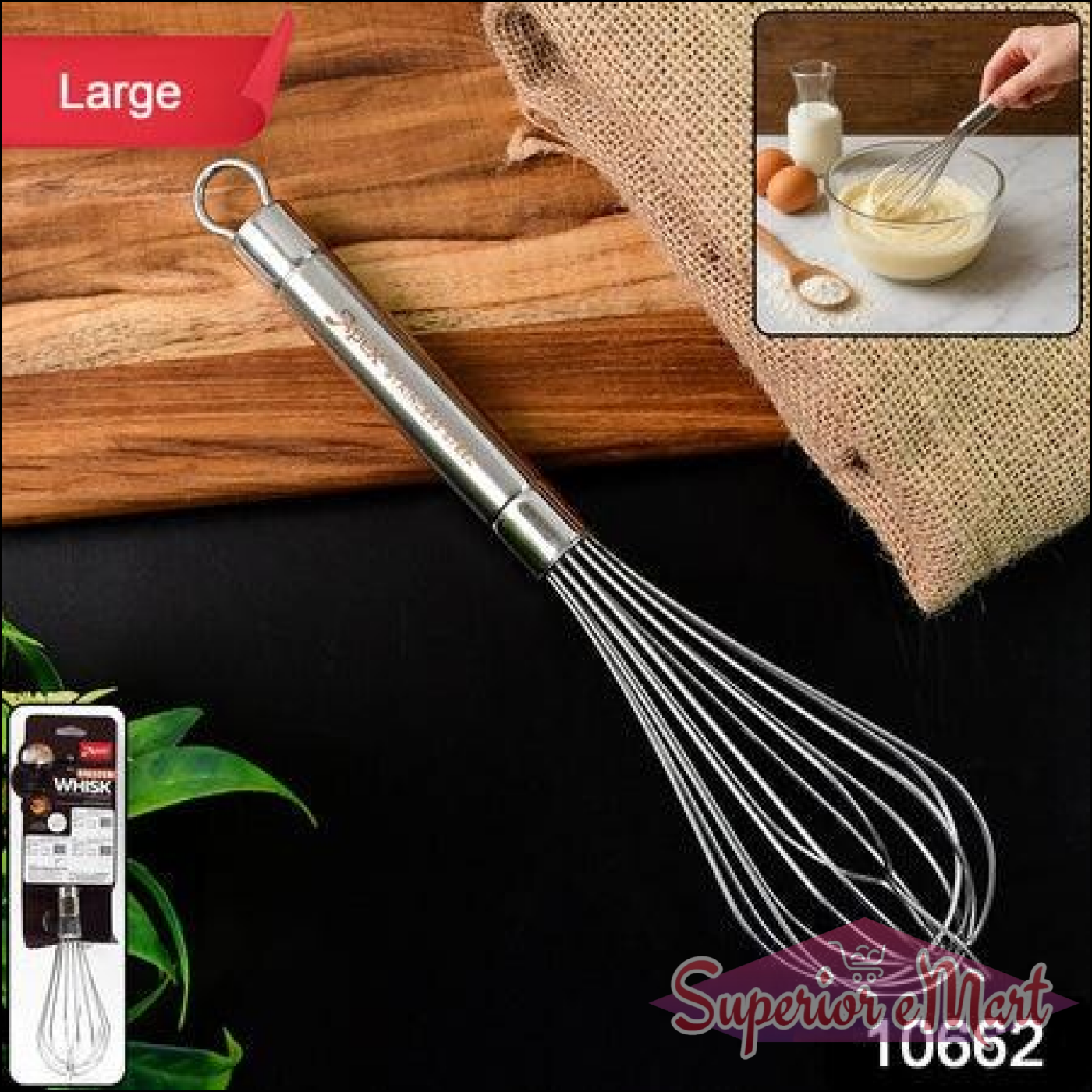 Superior eMart stainless steel hand whisk with a comfortable grip for mixing and whisking ingredients