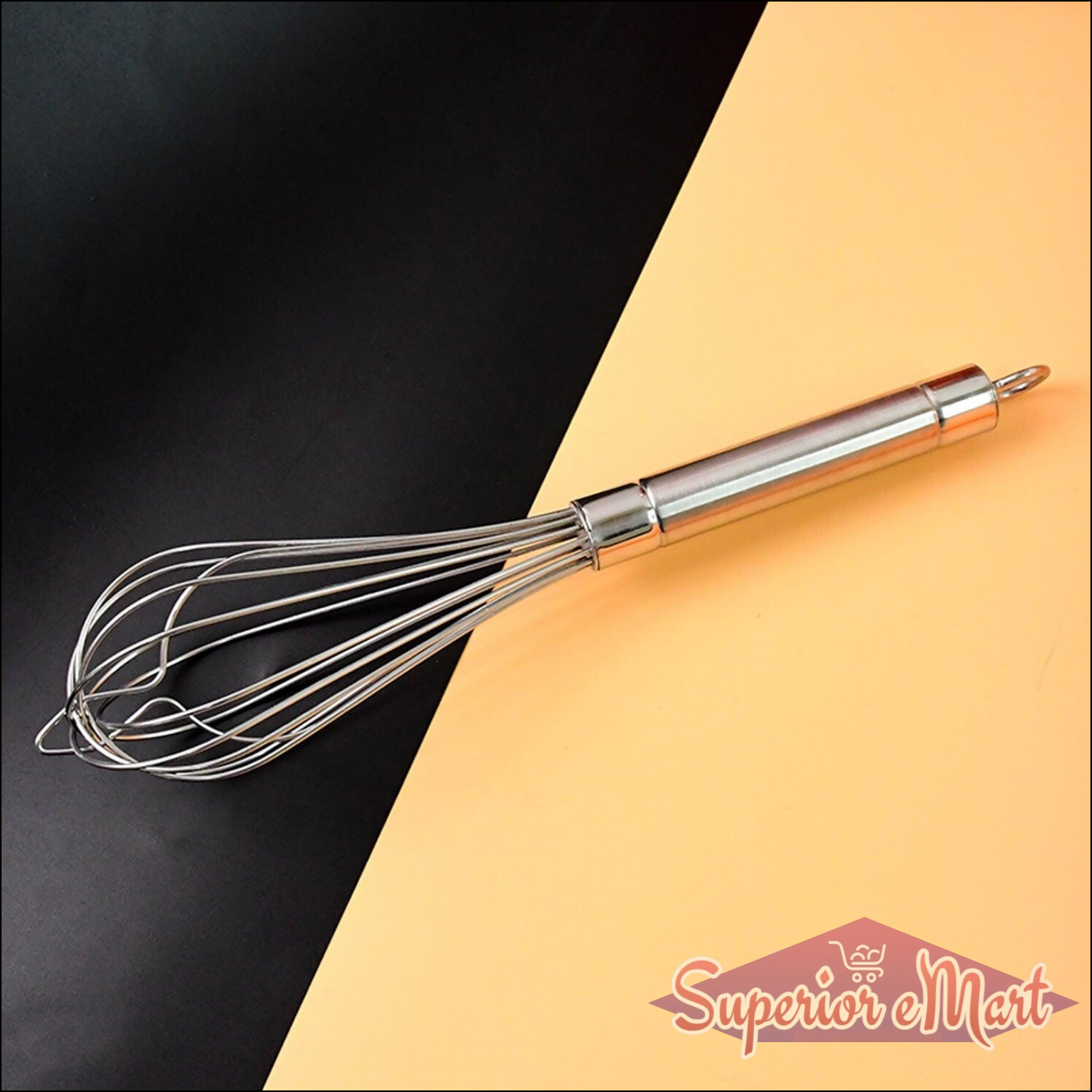 Stainless steel hand whisk with ergonomic handle for easy mixing in the kitchen
