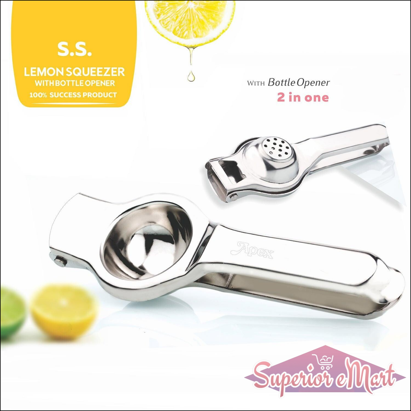 Stainless steel lemon squeezer with built-in bottle opener for efficient juice extraction