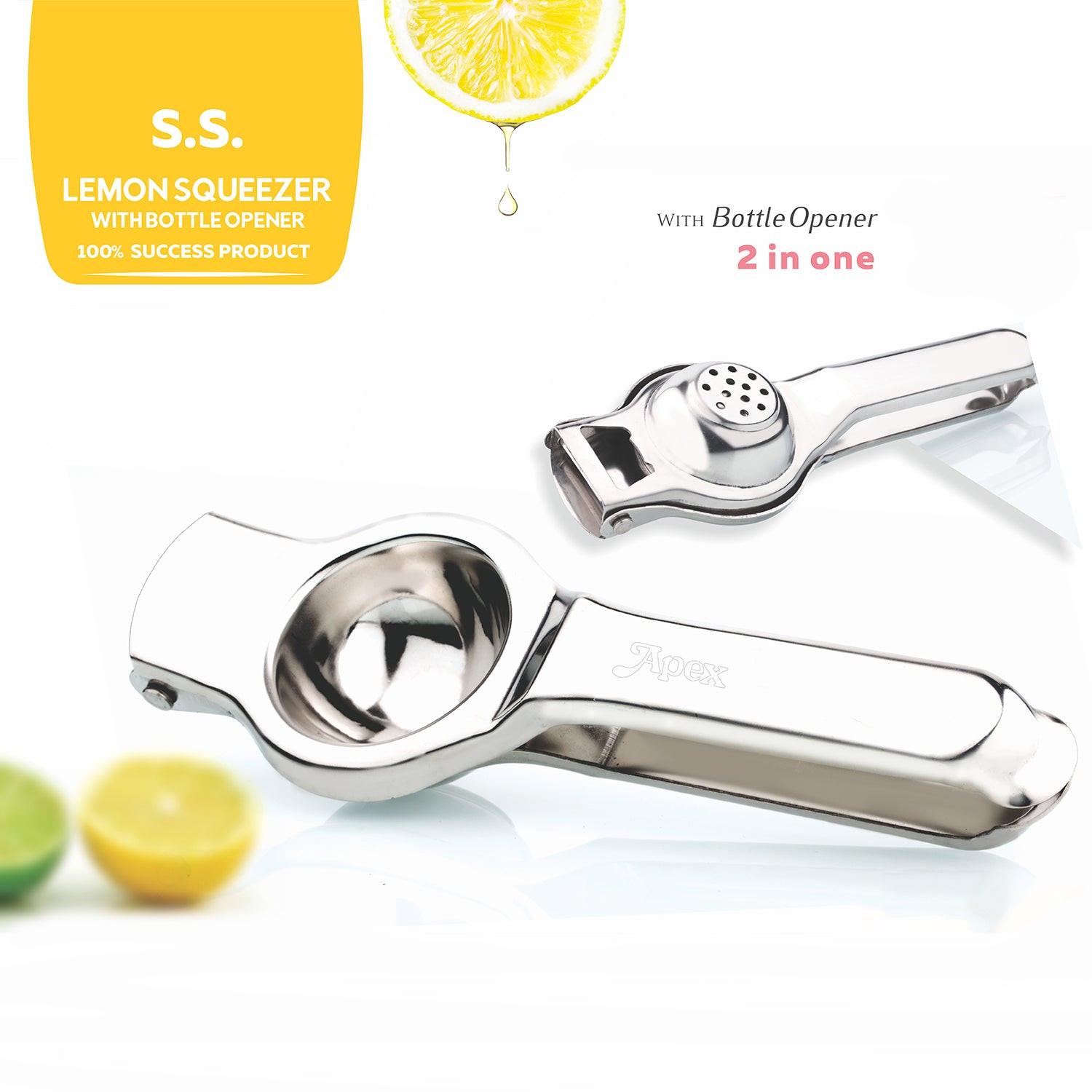 Stainless steel lemon squeezer with built-in bottle opener for efficient juice extraction