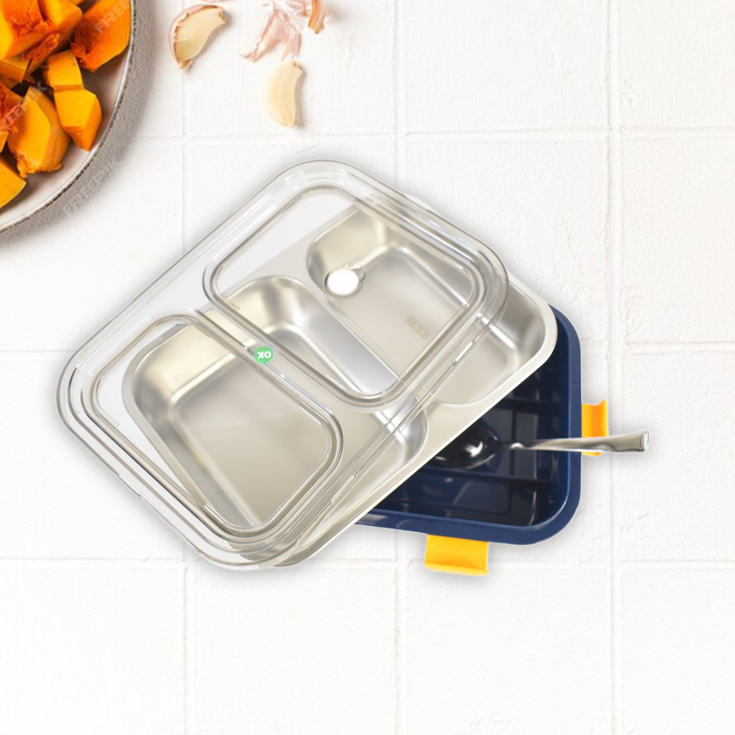Superior eMart stainless steel lunch box with clear lid and divided compartments for home and kitchen use