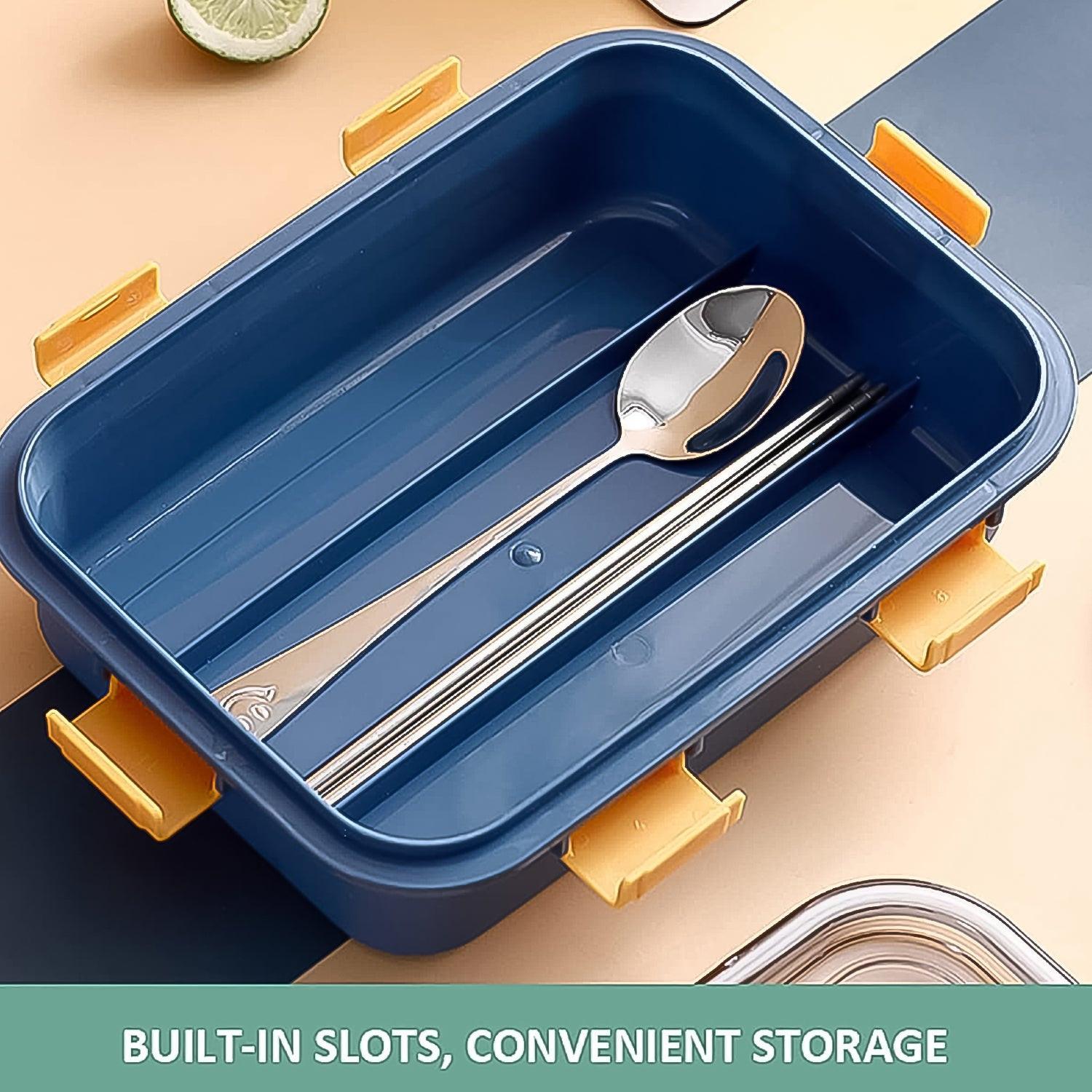 Durable stainless steel lunch box with compartments and built-in slots for convenient storage