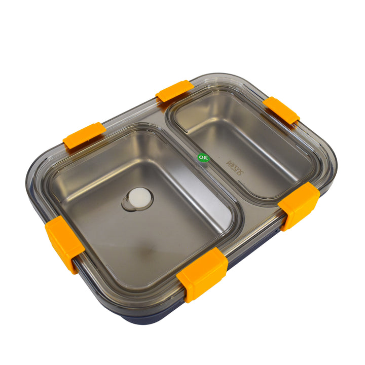 Superior eMart stainless steel lunch box with two compartments and secure yellow locking clips