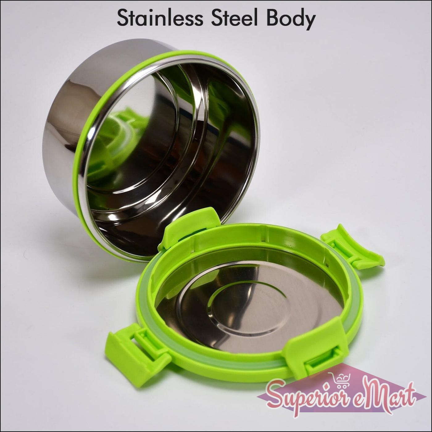 Superior eMart stainless steel lunch box leak proof with a vibrant green sealing lid and stainless steel body