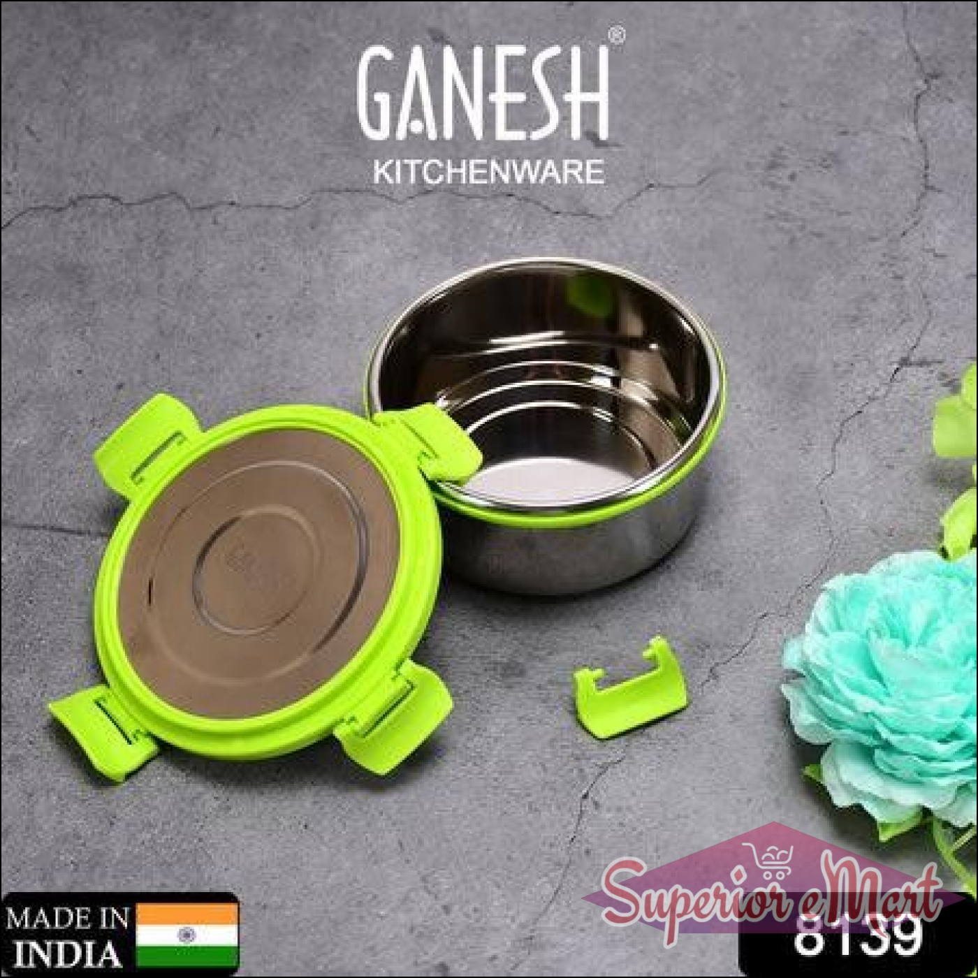 Ganesh Kitchenware stainless steel lunch box leak proof with green locking lid for secure storage