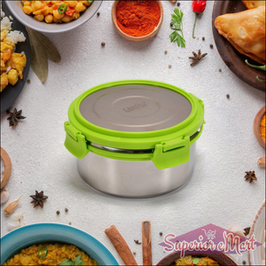 Superior eMart stainless steel lunch box leak proof with a vibrant green lid for secure meal storage