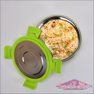 Green Stainless Steel Lunch Box Leak Proof with Delicious Rice Pilaf Inside