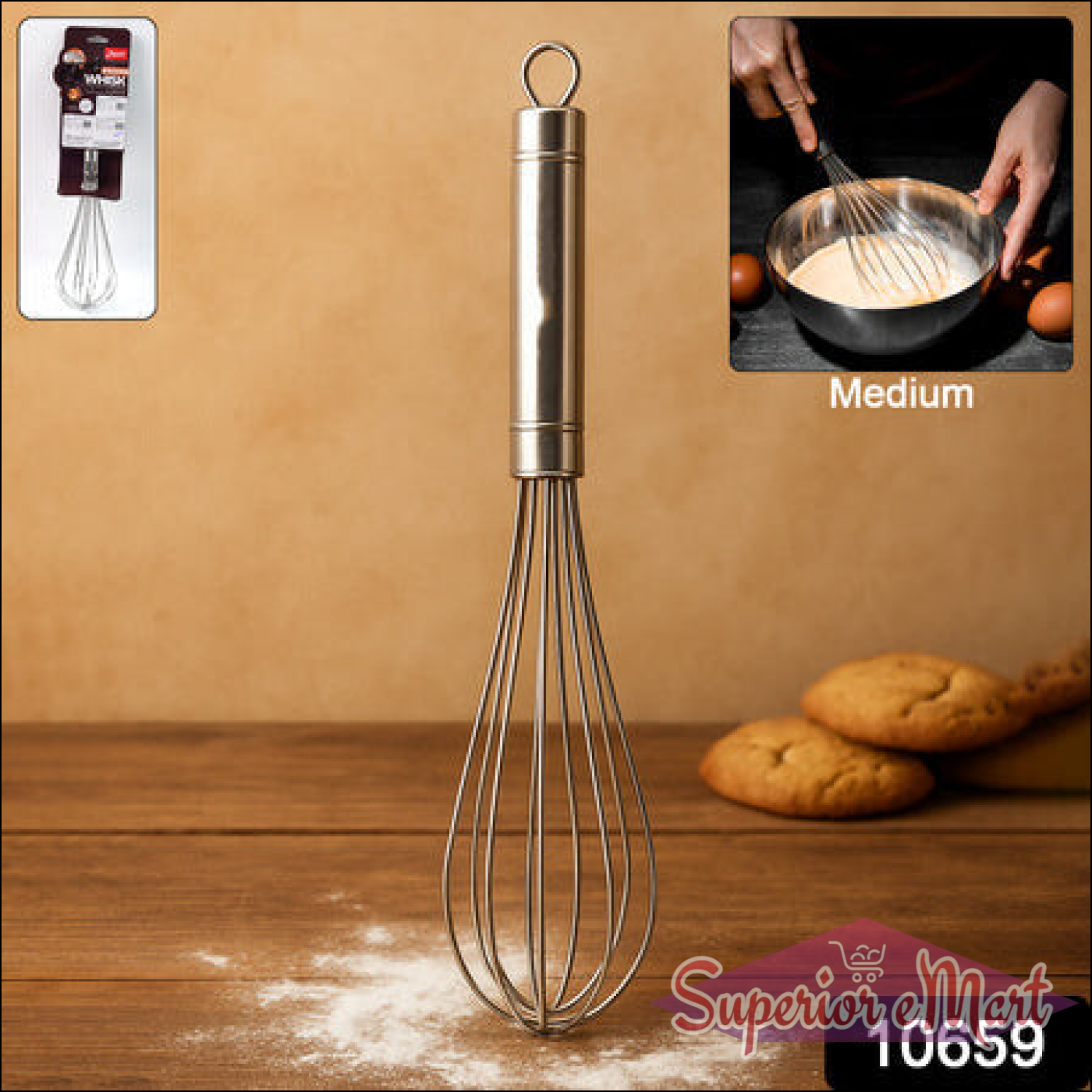 Superior eMart stainless steel hand whisk for easy mixing and whisking in the kitchen