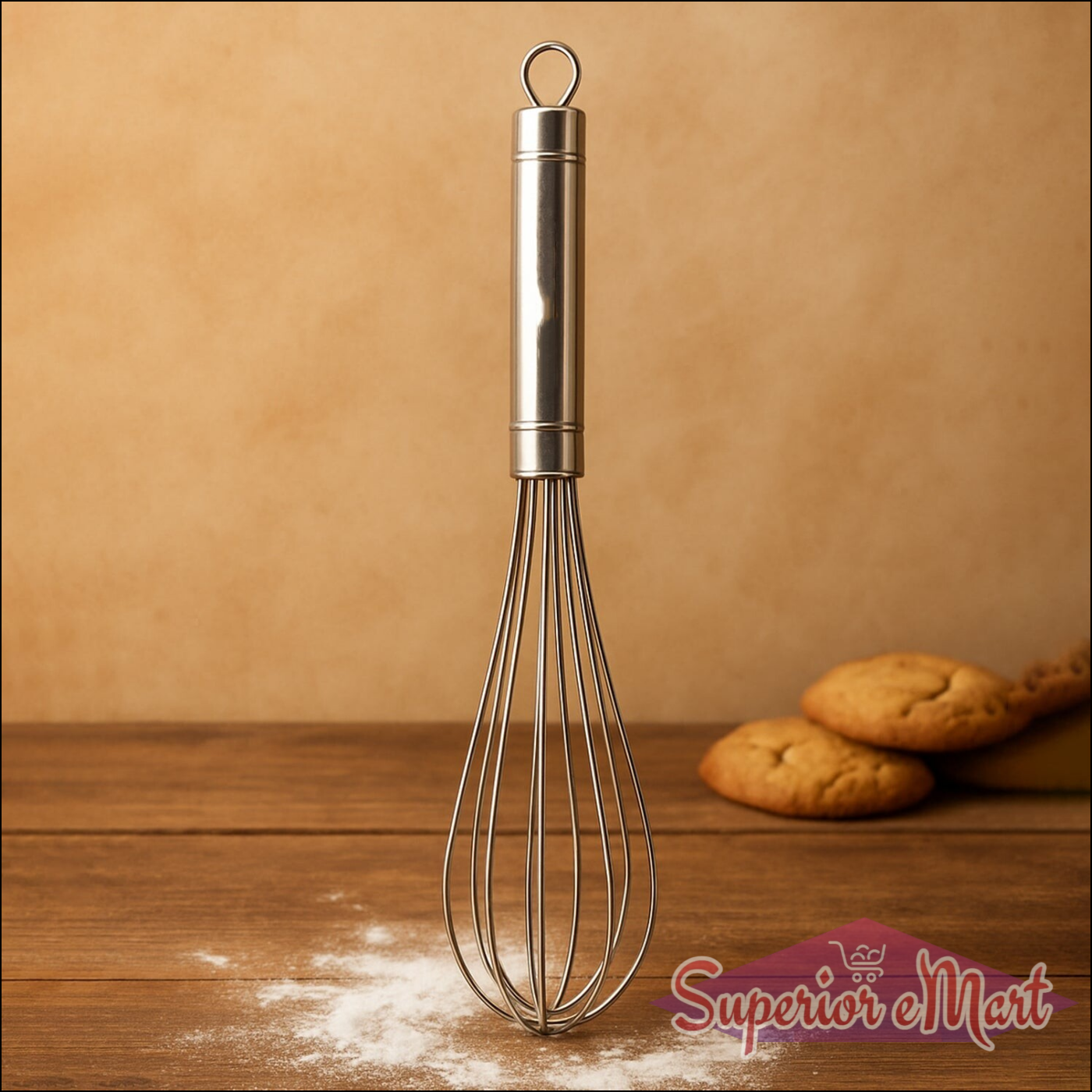 Stainless steel hand whisk with a sturdy handle, perfect for blending batter and whipping cream