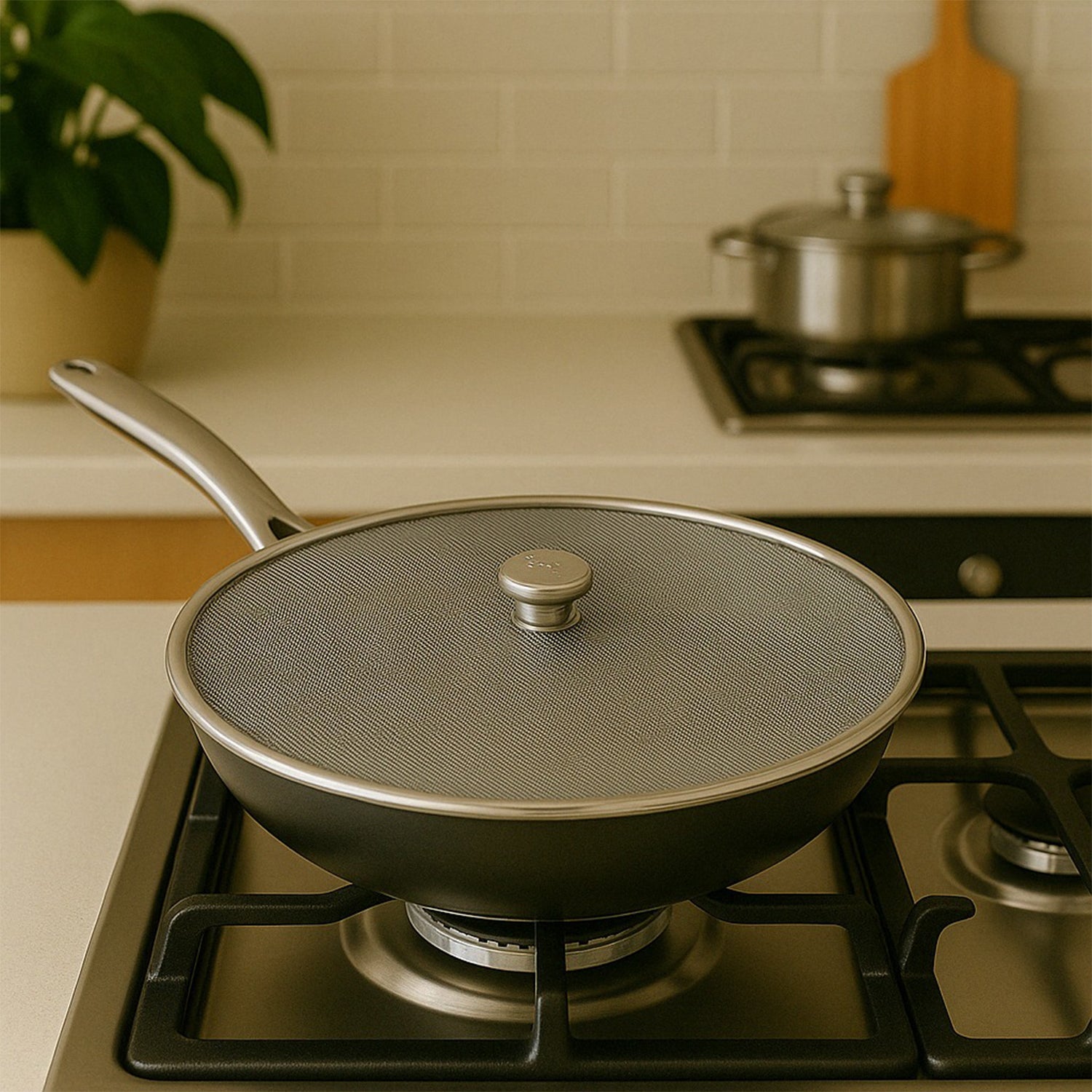 Stainless steel mesh splatter screen placed over a frying pan on a stove for effective cooking safety