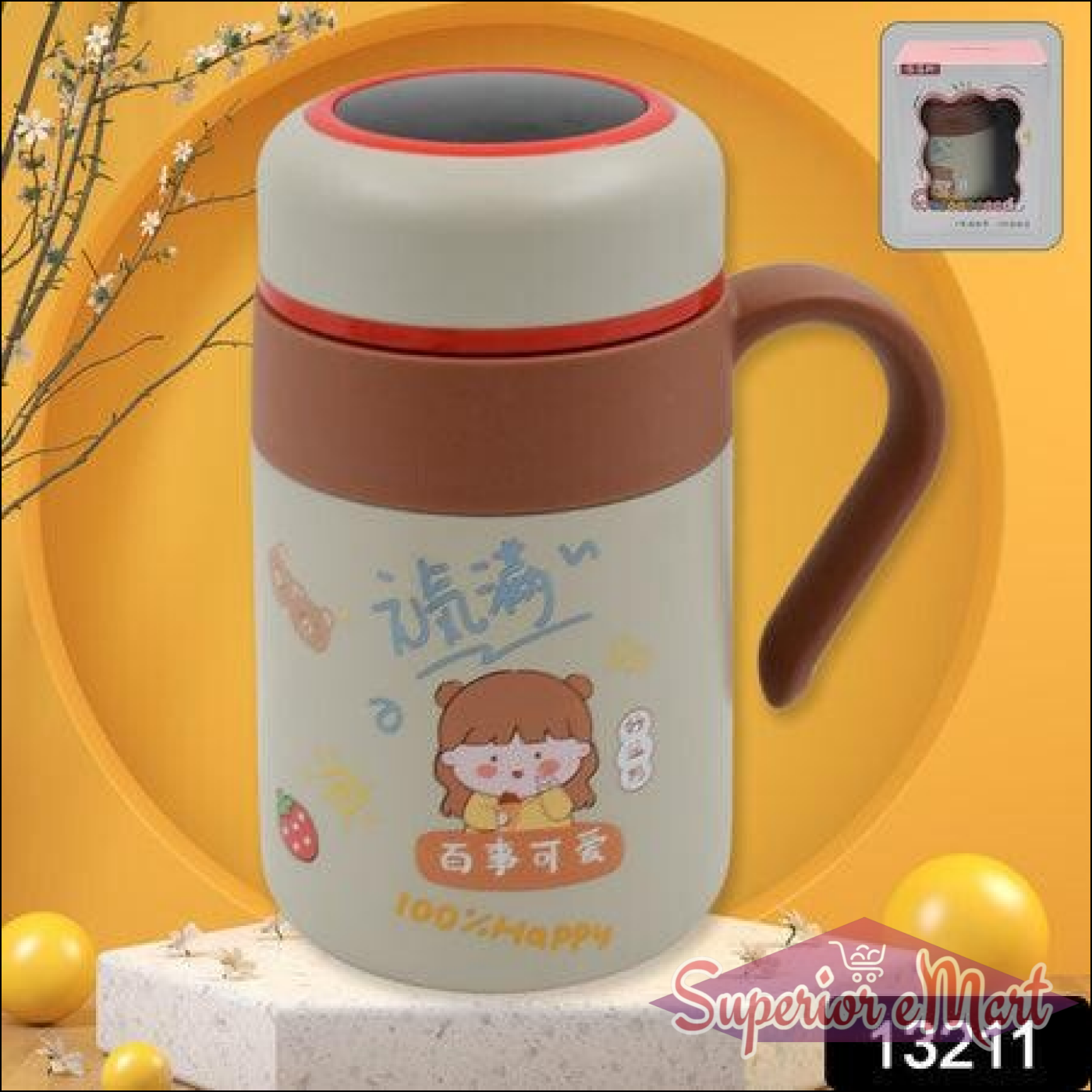Cute stainless steel vacuum insulated mug with cartoon design and comfortable handle for everyday use