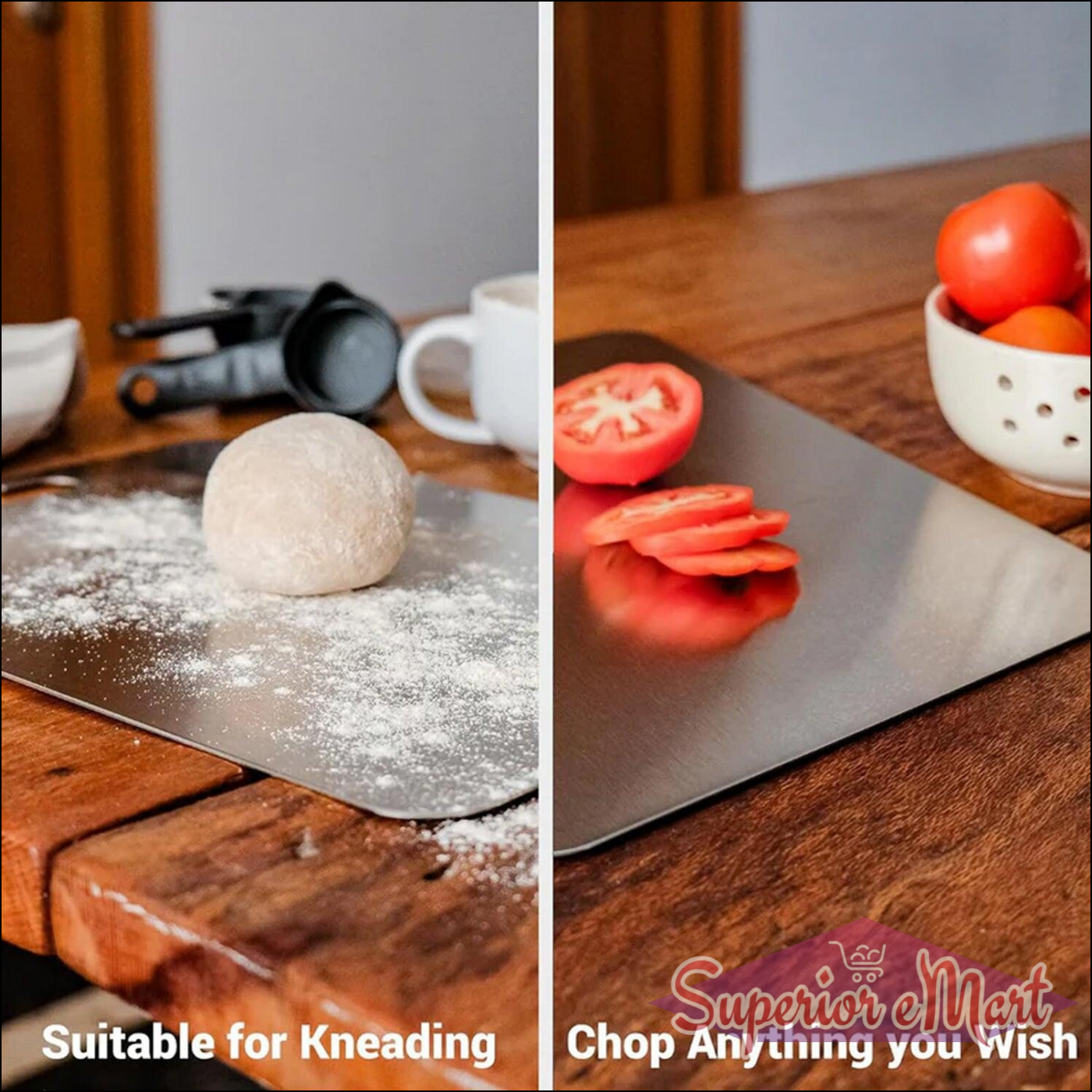 Stainless steel chopping board ideal for kneading dough and chopping vegetables effortlessly