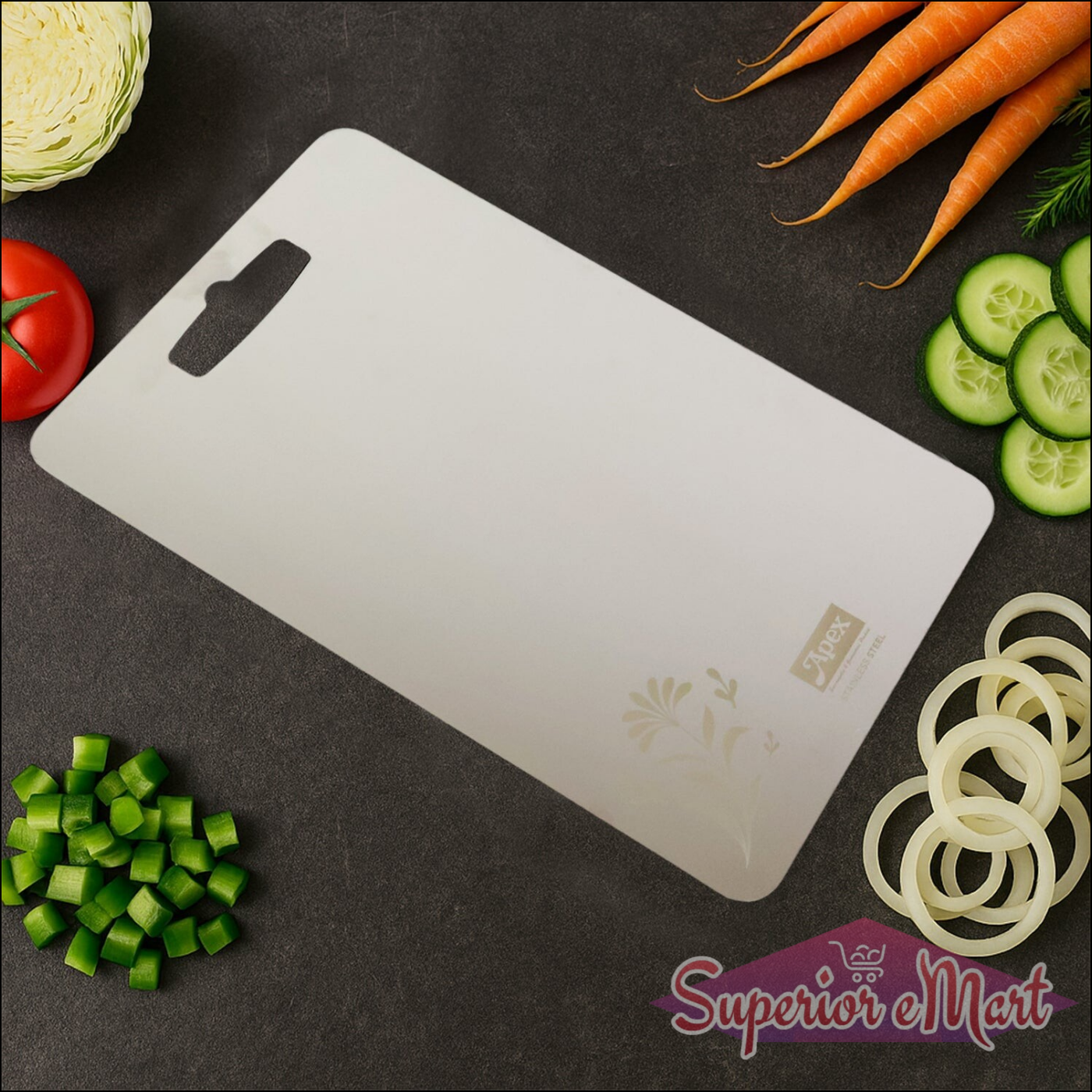 Superior eMart stainless steel chopping board on a kitchen counter with fresh vegetables