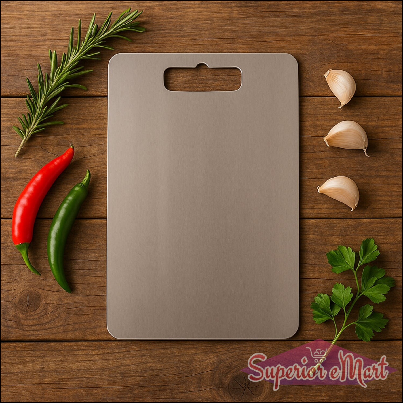 Superior eMart stainless steel chopping board with herbs and garlic on a wooden surface