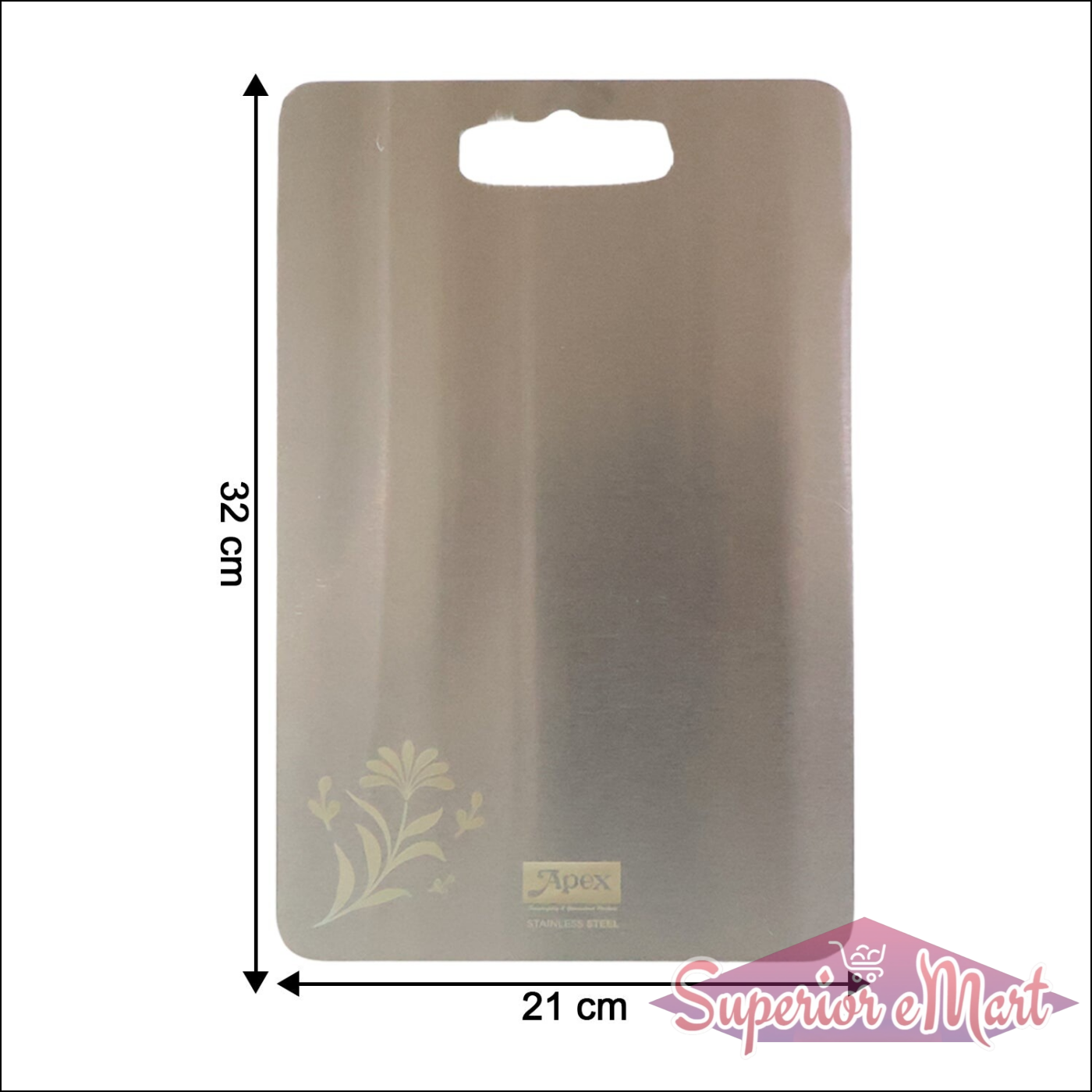 Superior eMart stainless steel chopping board in a sleek design for kitchen use, measuring 32x21 cm