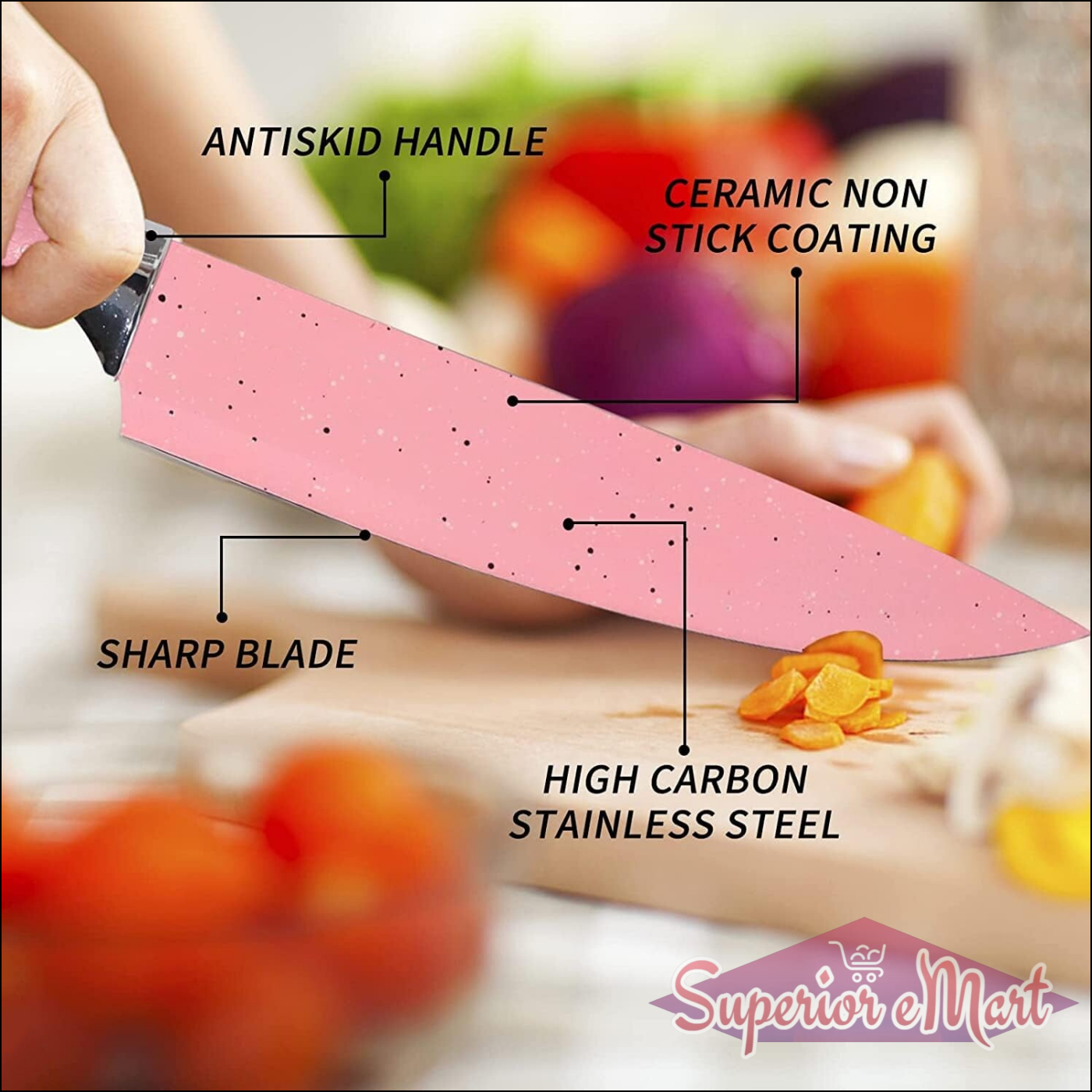 Superior eMart stainless steel ceramic knife set with sharp blade and antiskid handle for effortless cooking