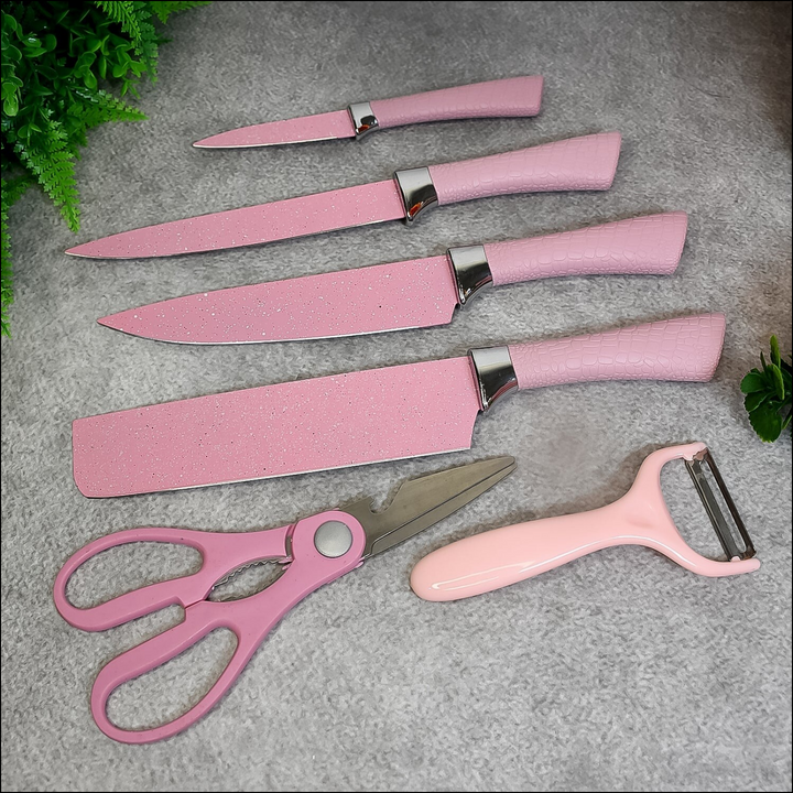 Pink stainless steel ceramic knife set with kitchen scissors and peeler for easy food preparation
