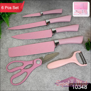 Stainless steel ceramic knife set with pink handles, including six kitchen tools for cutting and peeling