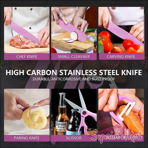 Stainless steel ceramic knife set featuring chef, cleaver, paring knives, and peeler for versatile kitchen use