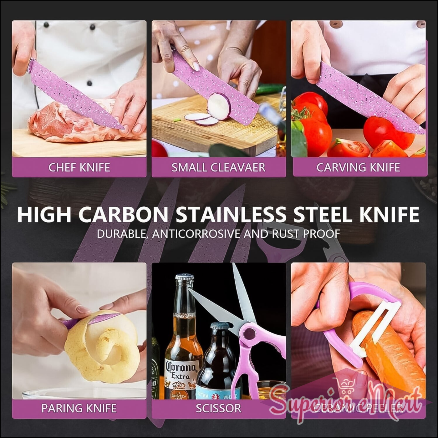 Stainless steel ceramic knife set featuring chef, cleaver, paring knives, and peeler for versatile kitchen use
