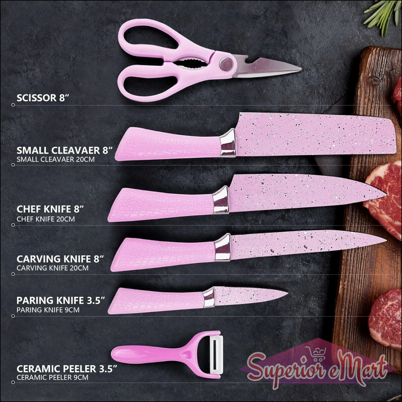 Superior eMart stainless steel ceramic knife set includes various knives and scissors in pink color