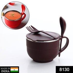 Brown insulated bowl with lid and fork, showcasing a stainless steel noodles bowl set for convenient meals