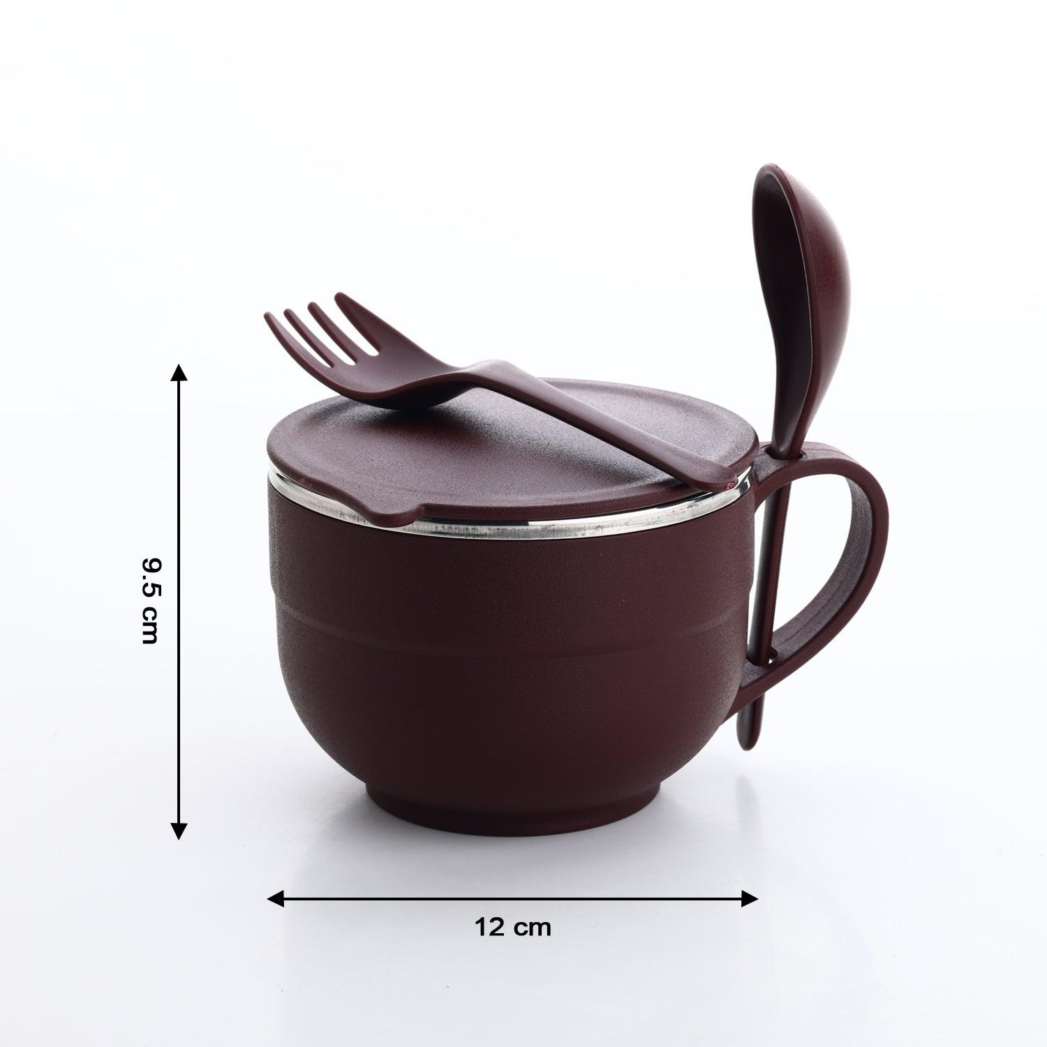 Maroon stainless steel noodles bowl set with lid and included spoon and fork for easy serving