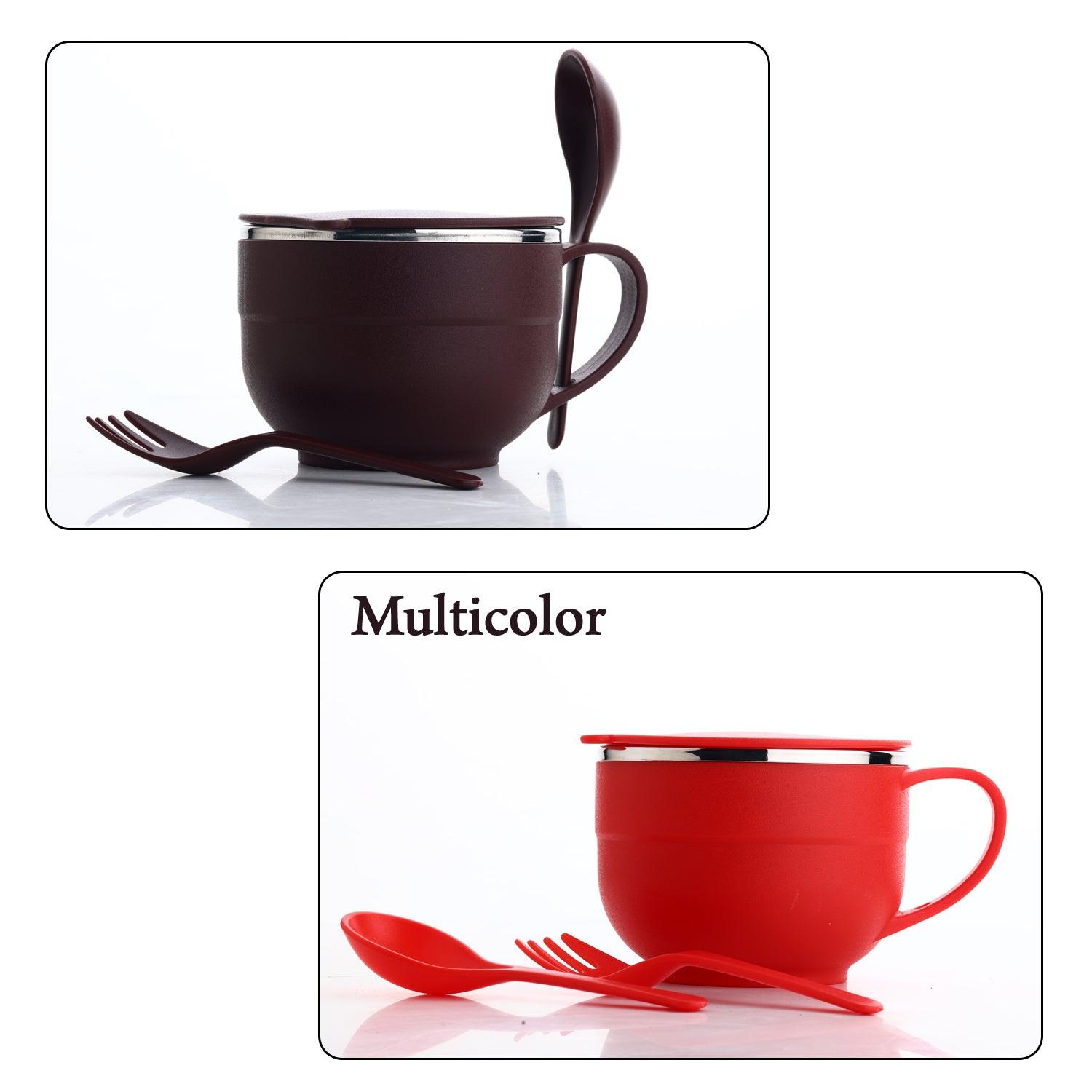 Multicolor stainless steel noodles bowl set with matching spoon and fork for stylish dining