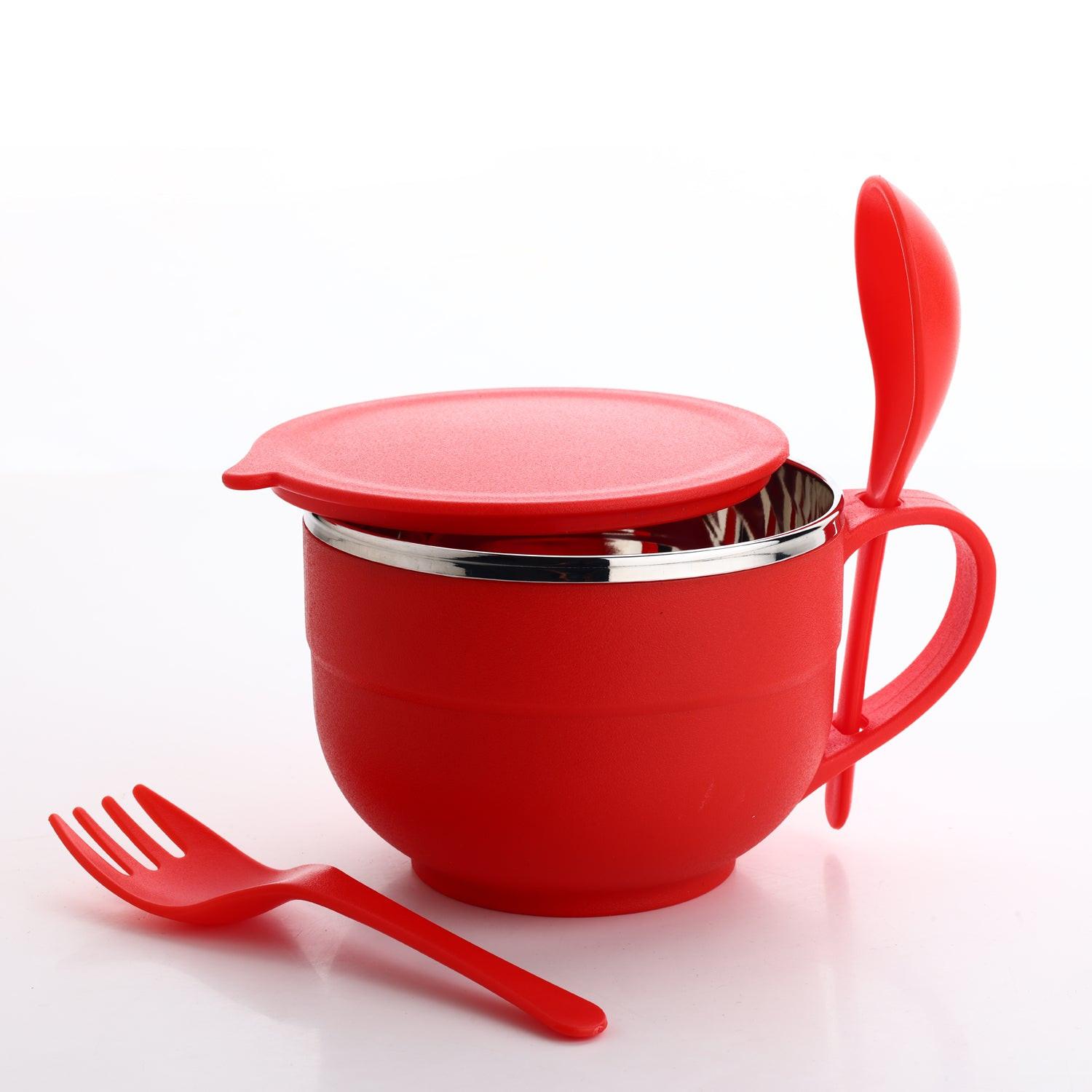 Red stainless steel noodles bowl set with a lid and a fork for convenient dining