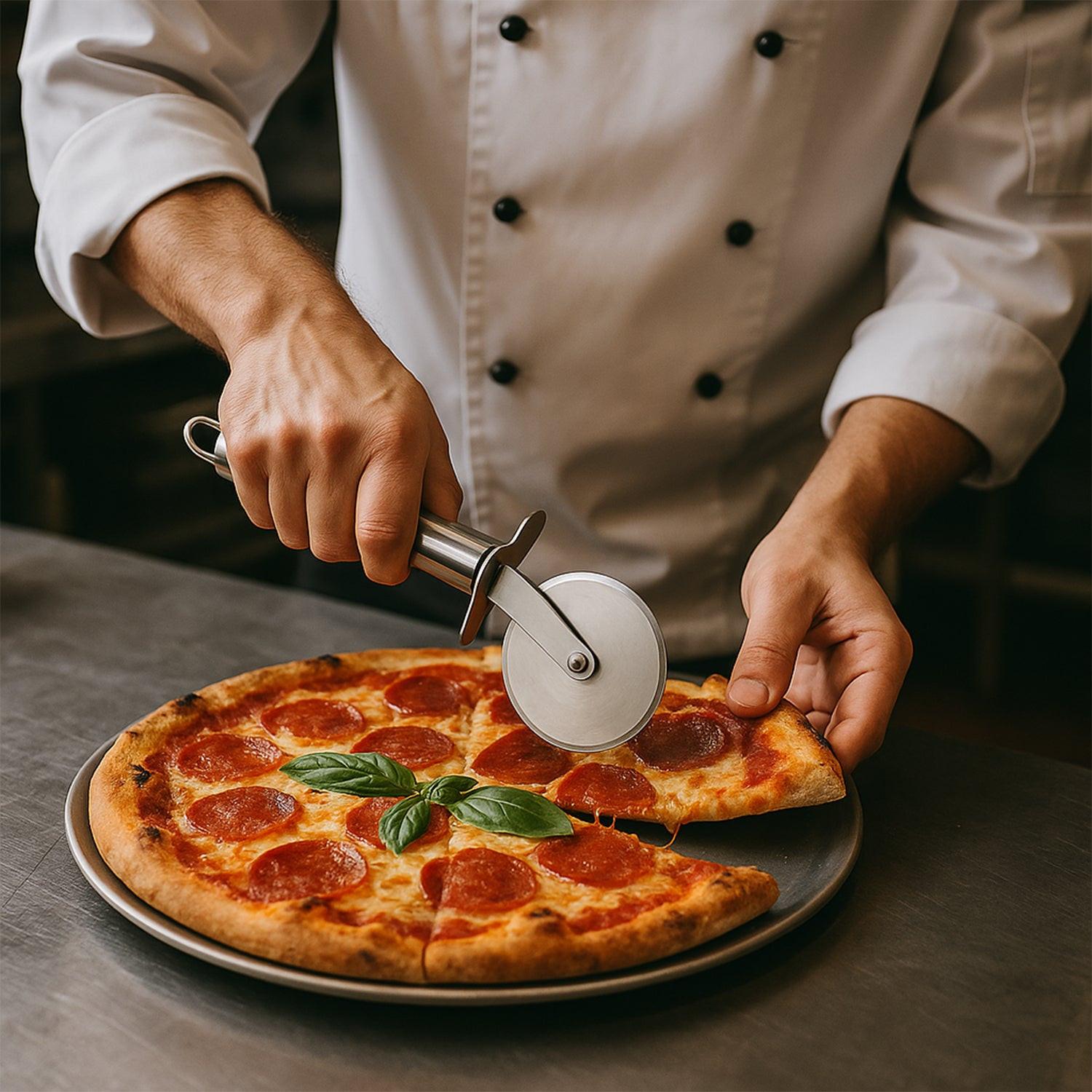 Hand using a stainless steel pizza cutter to slice a pepperoni pizza on a silver plate