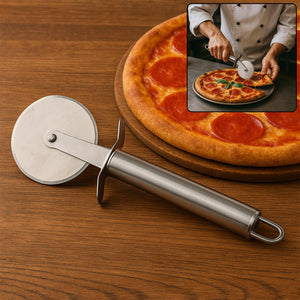 Superior eMart stainless steel pizza cutter with a comfortable grip for easy slicing through pizza