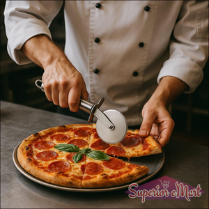 Hand using a stainless steel pizza cutter to slice a pepperoni pizza on a silver plate