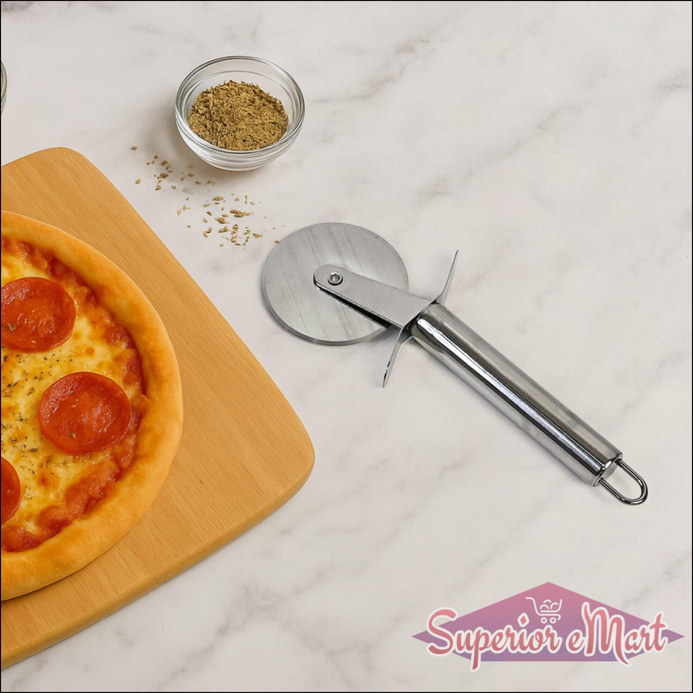 Stainless steel pizza cutter resting beside a freshly baked pepperoni pizza on a cutting board