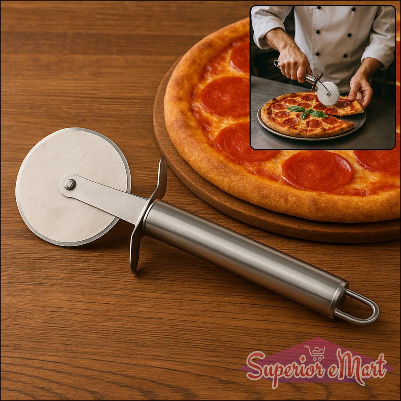 Superior eMart stainless steel pizza cutter with a comfortable grip for easy slicing through pizza