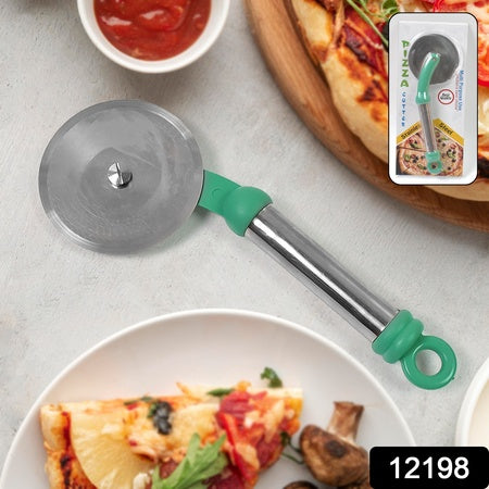 Stainless steel pizza cutter with green handle for easy slicing and serving pizza
