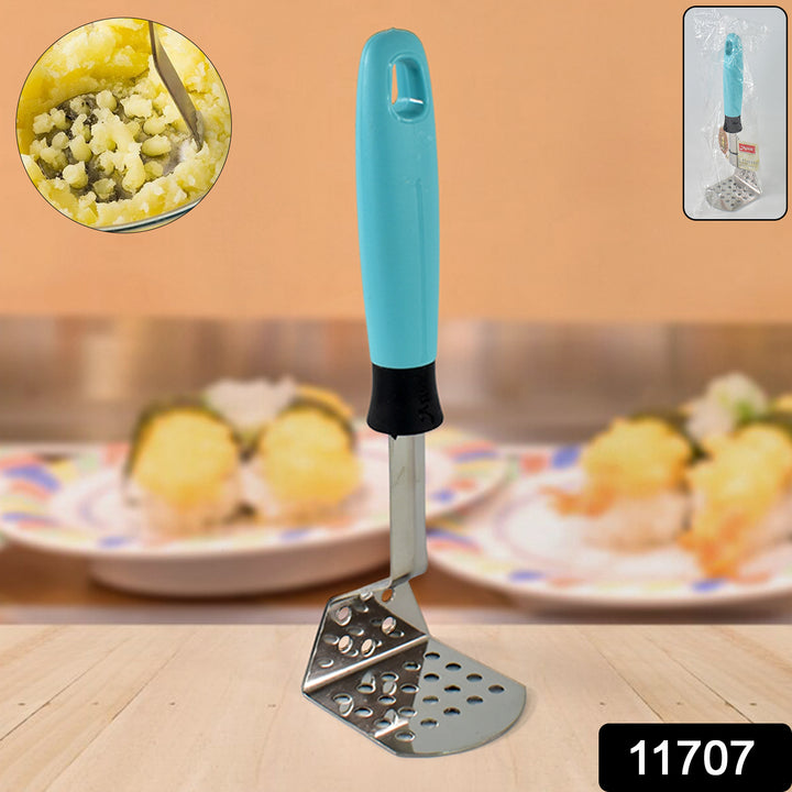Superior eMart stainless steel potato masher with blue handle for easy mashing in home kitchen